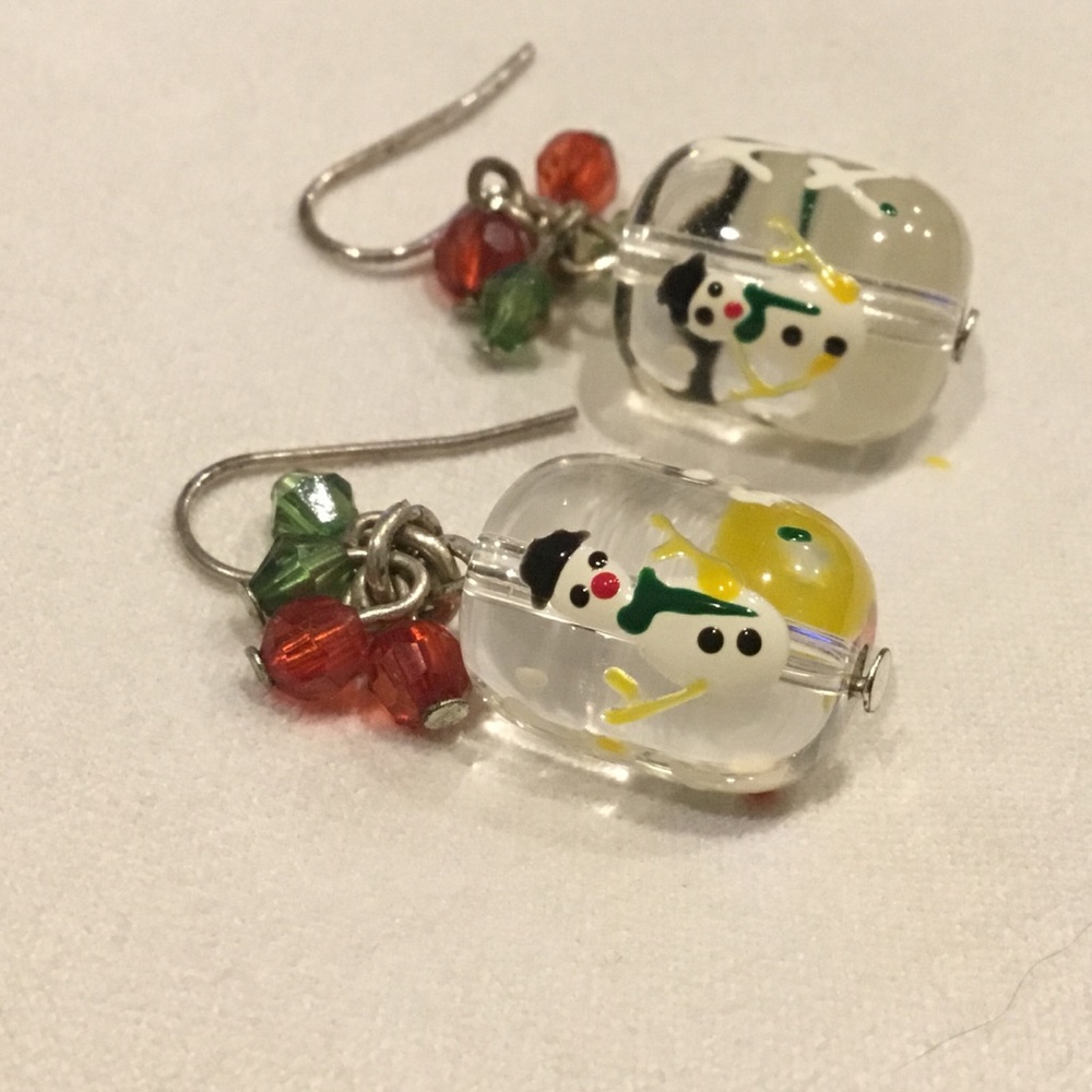 Vintage Lampwork Glass Snowman Mistletoe Earrings - Picture 2 of 3